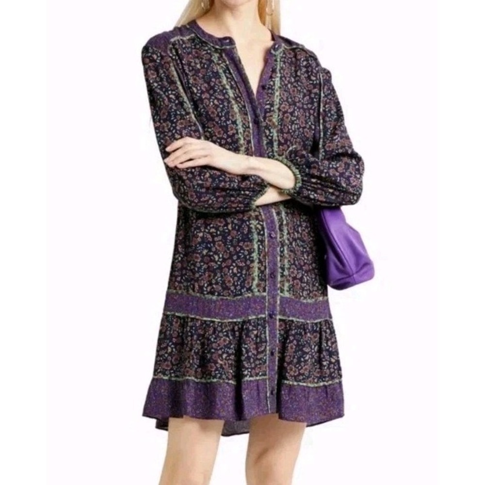 Veronica Beard Xanita Paneled Purple Floral Crepe Drop Waist Mini Dress 4 Boho